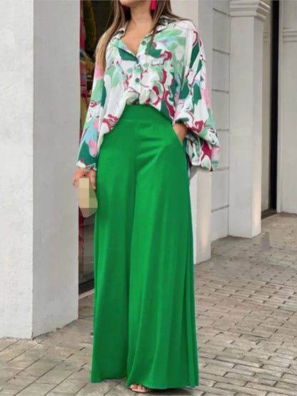 Spring Autumn New Women's Fashion Printed Single Breasted Shirt Solid Color Pants Casual Comfort Two Piece Set