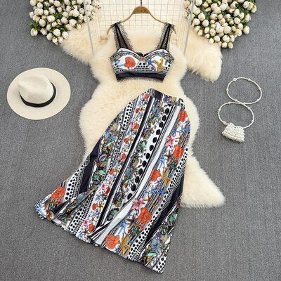 Gold 2023 Summer Fashion Designs Skirts Sets Women Outfits Indie Folk Print Sexy Two Pieces Lace Cropped Top Pleated Skirt Suit