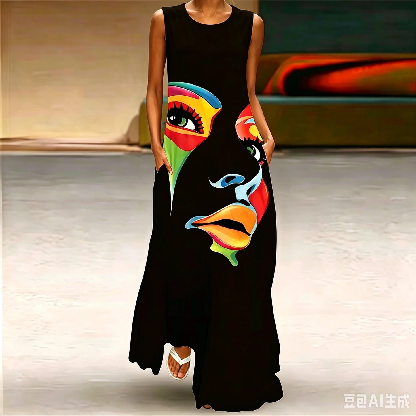 2026 Abstract Mask Printing Long Dress For Womens Sexy Sleeveless Tank Long Dress V-Neck Casual Clothing Women Robe Maxi Dress