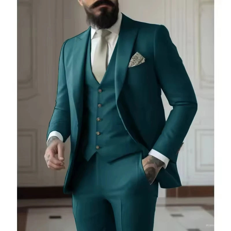 Sage Green Men's Slim Fit 3 Piece Suits (Jacket+Vest+Pant) Wedding Groom Tuxedos Prom Formal Male Party Blazers