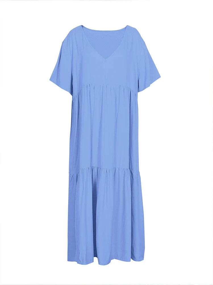 Damen Übergröße Lässiges lockeres V-Ausschnitt Einfarbiges langes Kleid Frühling Sommer Plissee Big Size Damenkleid