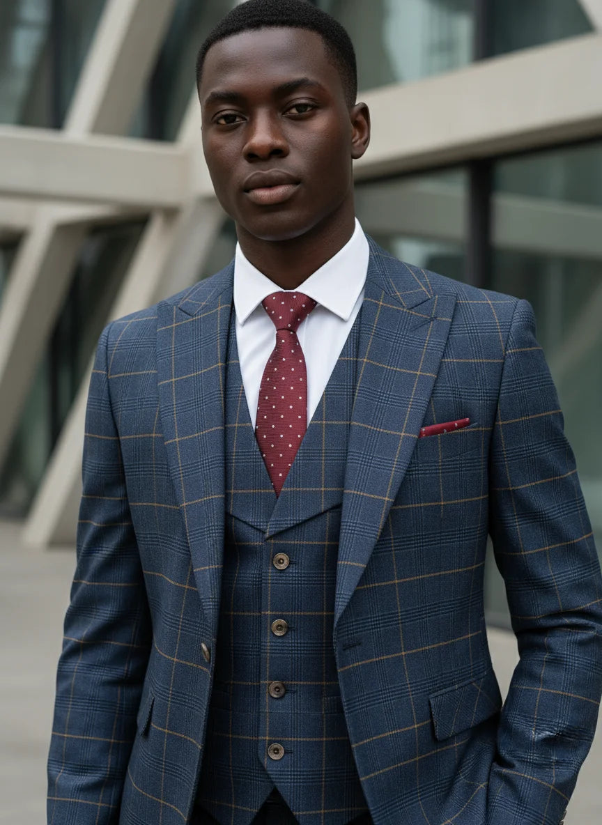 ST Cassy High Quality 3 Piece Checkered Suit Set Men Stylish Business Office Wedding Formal Outfit Full Elegant Man Suit