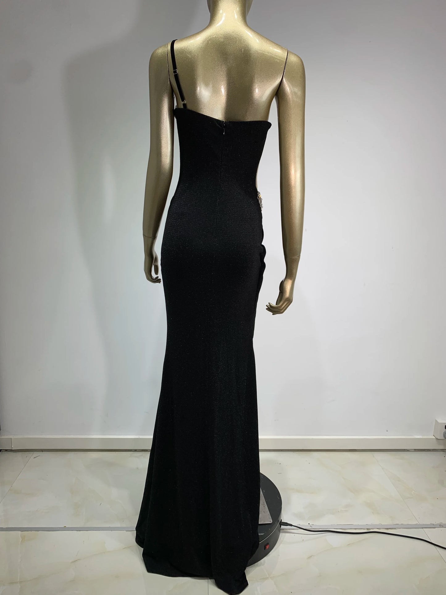 Celebrity Women Sexy One Shoulder Diamonds Black Rhinestone Maxi Long Bodycon Dress 2024 Elegant Evening Party Club Vestido