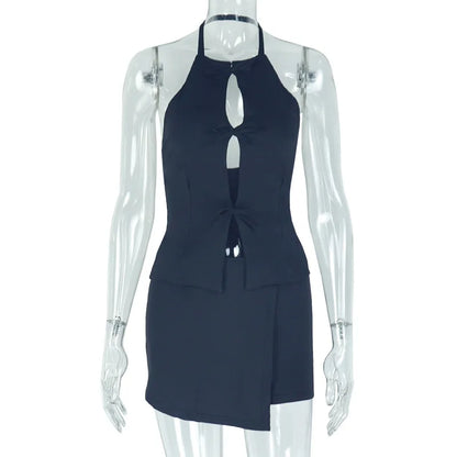 Stylish Lady White Hollow Out 2 Piece Set Women Halter Backless Tops and Irregular Mini Skirts Suits  Summer Elegant Outfits