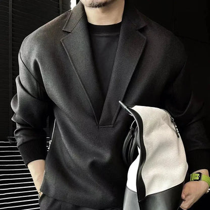 New Mens Casual Two-Piece Suit Spring Autumn Casual Double-Sided Zipper Suit Fashion Retro Solid Color V-Neck Loose Suit