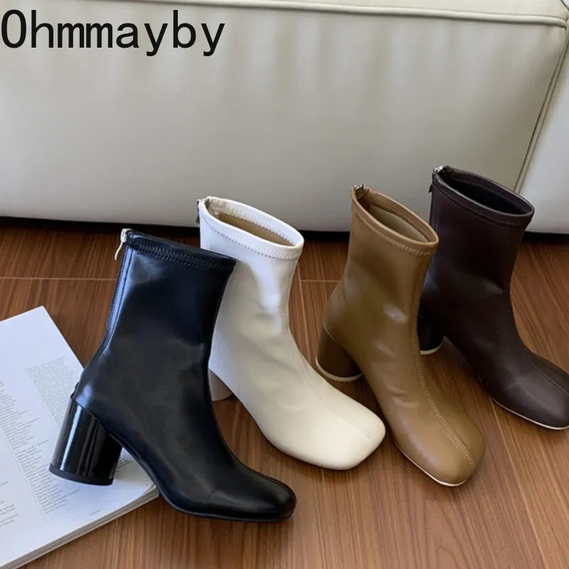 Winter New Women Ankle Boots Fashion Square Toe Back Zippers Ladies Elegant Short Boots Shoes Round High Pumps