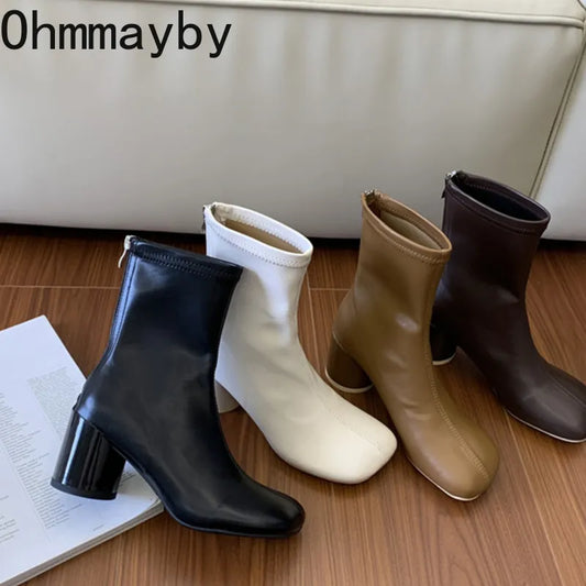 Winter New Women Ankle Boots Fashion Square Toe Back Zippers Ladies Elegant Short Boots Shoes Round High Pumps