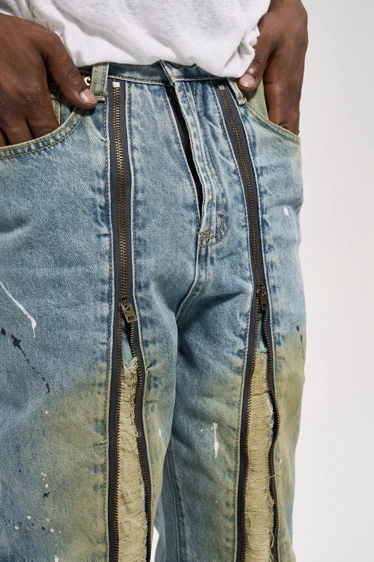 Double Zipper Washed Vintage Yellow Denim Jeans for Men Y2k Men’s Jeans Streetwear Men Distressed Denim Jeans