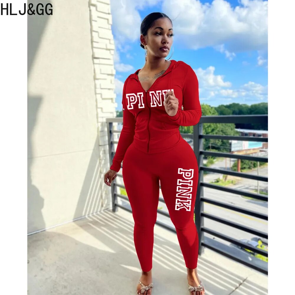 HLJ&GG Fashion Zipper Hooded Two Piece Sets Fall Women PINK Letter Print Outfits Casual Long Sleeve Coat+Skinny Pants Tracksuits