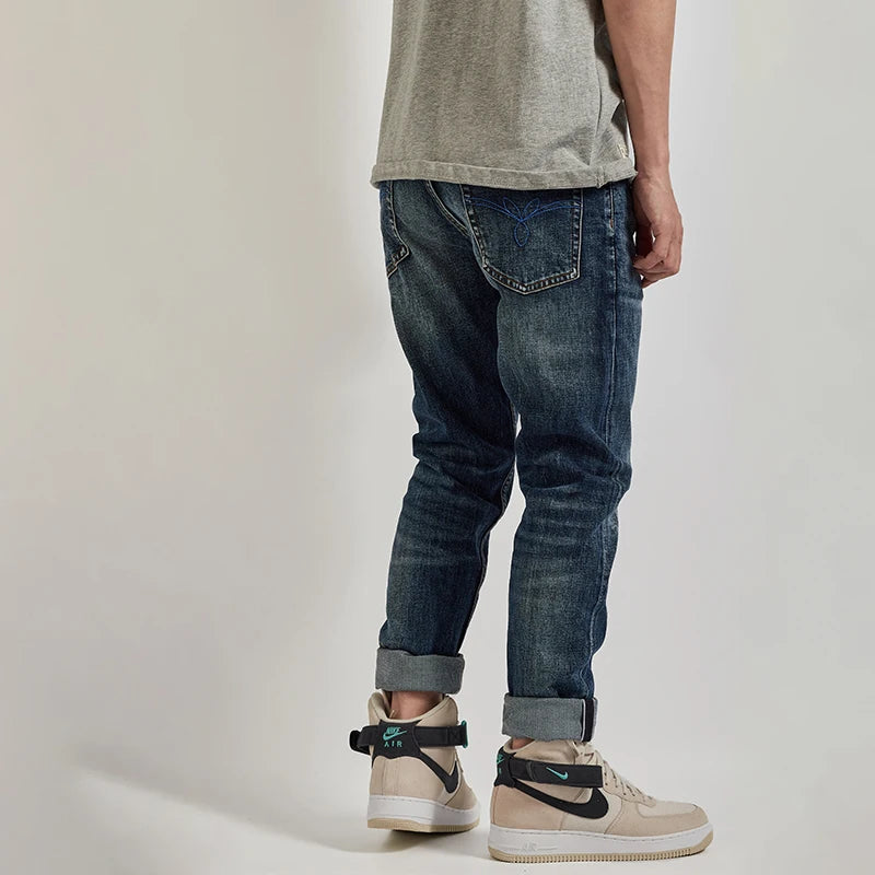 Selvedge Heavyweight Tapered Jeans Clothing for Men Denim Retro Pants Loose Straight Classic Washed Outdoor Casual Trousers