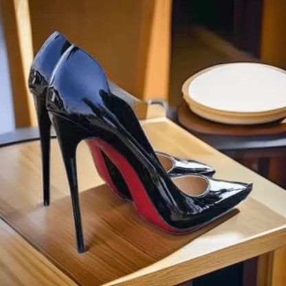 Black sexy high heels for women  new high-end super high heels 12cm pointed versatile professional red sole single shoes