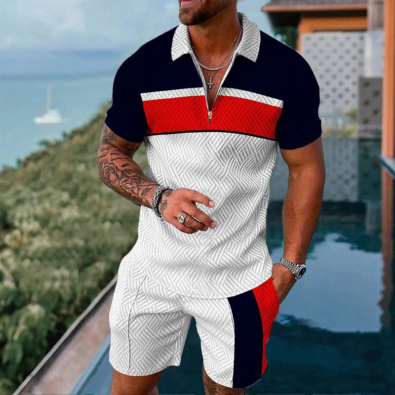 Men&#39;s Summer Tracksuit Fashion Turn Down Collar Zipper Polo Shirt+Shorts Sports Jogging Suit Casual Stylish Sweatersuit Set