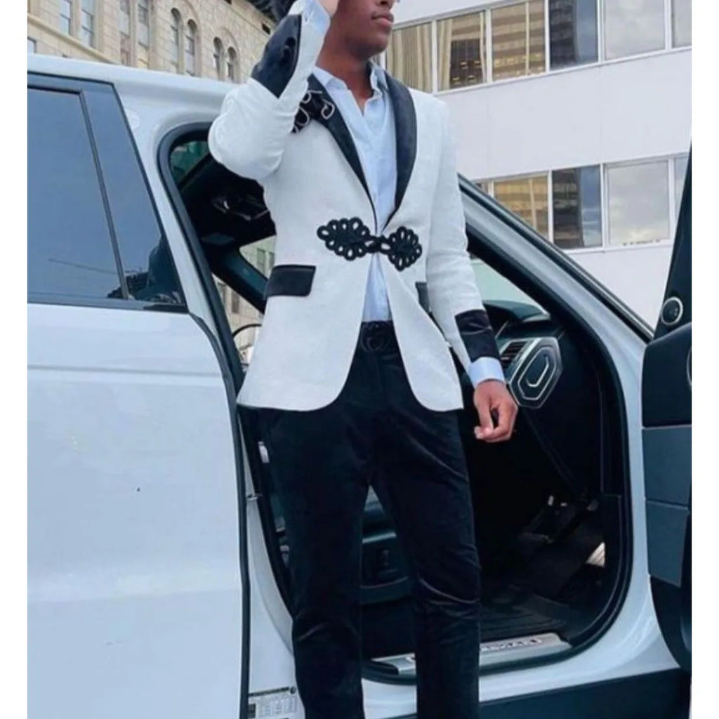 Fashion Black And White Suit For Men 2 Pieces Velvet Lapel Blazer And Pants Sets Casual Young Man Prom Wedding Party Texudo