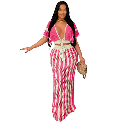 Summer 2 Pieces Women Sets Streetwear Beach Elegant Knitted Sexy V-Neck Hollow Striped Short Sleeve Top Two Piece Maxi Skirt Set