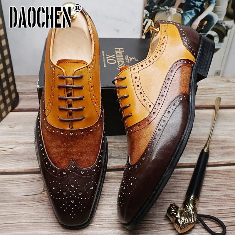 Fashion Brand Men Oxford Shoes Brogues Lace Up Pointed Mixed Color WingTip Mens Dress Shoes Wedding Office Leather Shoes