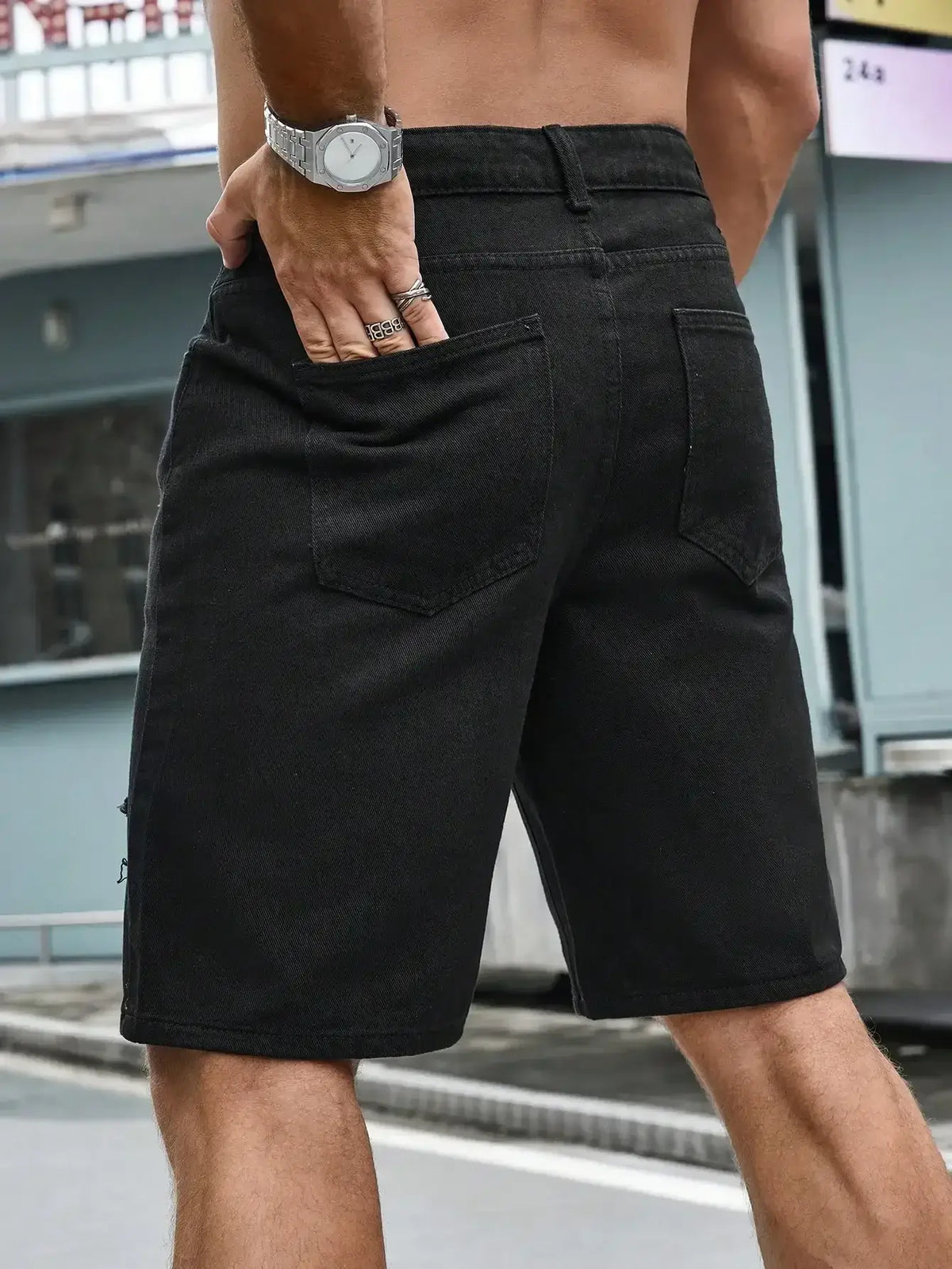 Herren Sommer Stretchy Denim Shorts Jeans Für Herren Streetwear Zerrissene Buchstaben Knielange Baggy Bequeme Cargo Freizeithosen Jeansshorts
