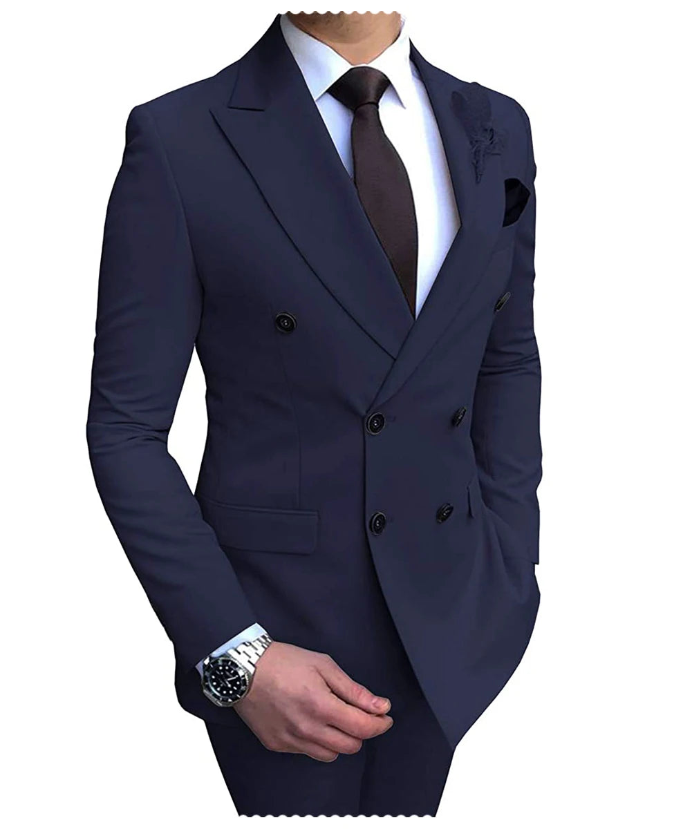 New Beige Men's Suit 2 Pieces Double Breasted Notch Lapel Flat Slim Fit Casual Tuxedos For Wedding(Blazer+Pants)