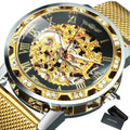 WINNER Classic Retro Mechanical Watches Luxury Iced Out Blue Skeleton Watch for Men Luminous Hands Mesh Stainless Steel Strap
