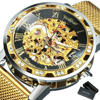 WINNER Classic Retro Mechanical Watches Luxury Iced Out Blue Skeleton Watch for Men Luminous Hands Mesh Stainless Steel Strap