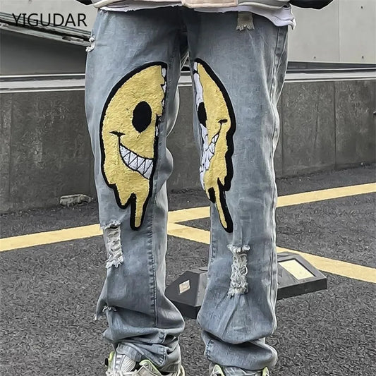 Irregular Ripped Hole Jeans Denim Pant Woman Man Straight Patchwork Baggy boyfriend y2k Punk Kpop Harajuku Streetwear Hip Hop