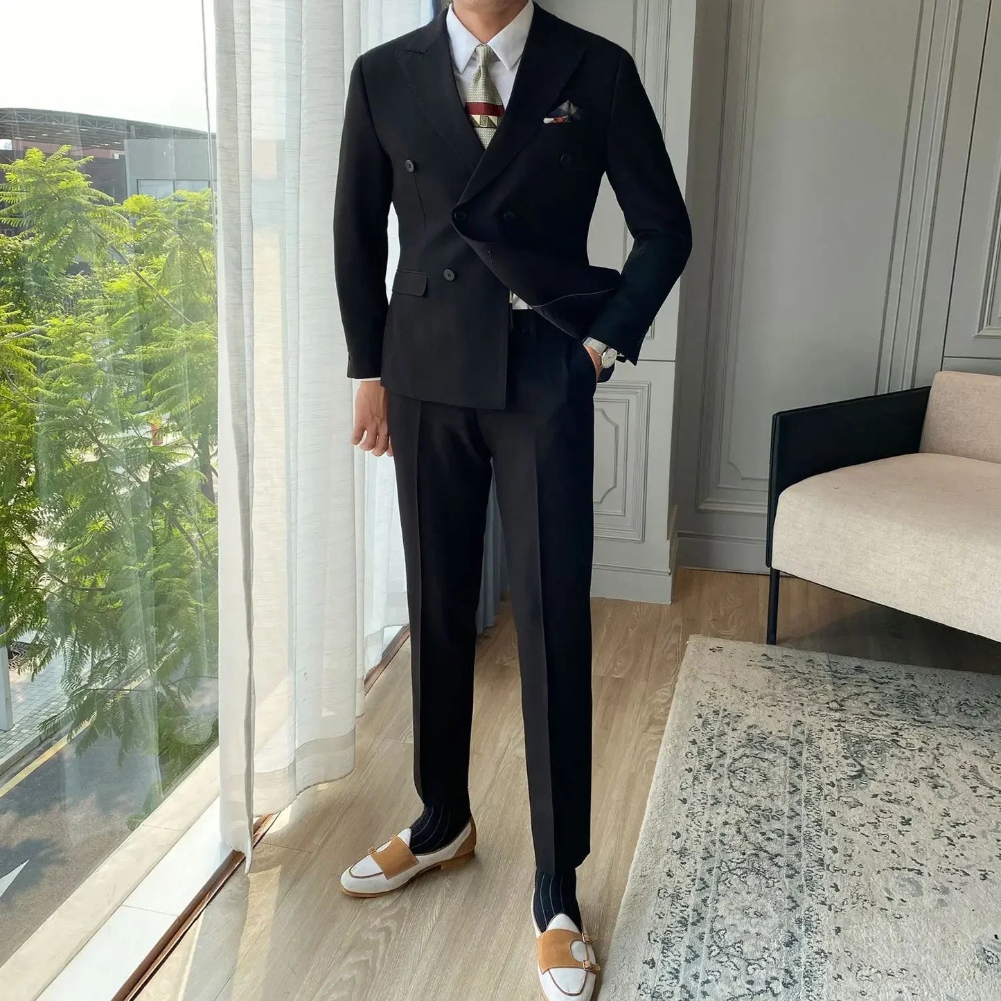 Casual Double Breasted Slim Fit 2 Piece Outfit Set Man Korean High Quality 2024 Full Suit for Men Clothes Gentleman Pants Blazer