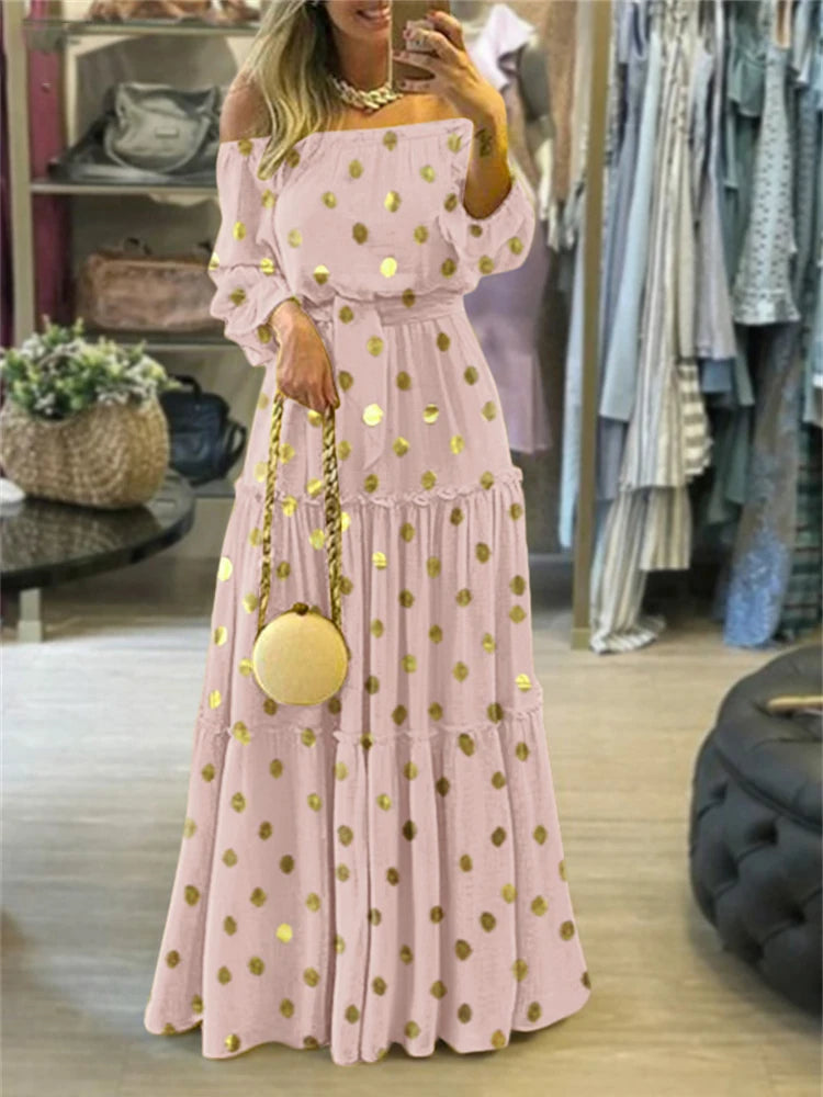 Oversized Loose Maxi Dress Women Sexy Slash Neck Off Shoulder Long Dress Female Solid Long Sleeve Ruffles Bohemian Casual Dress