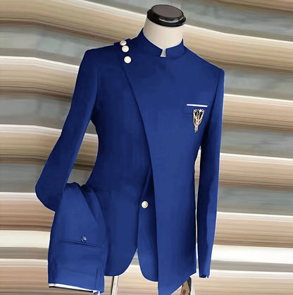African Style Men's Suit 2 Piece Set Single Breasted Blazer Groom Wedding Tuxedo Gold Button Design Formal Jacket Pants 2 Piece