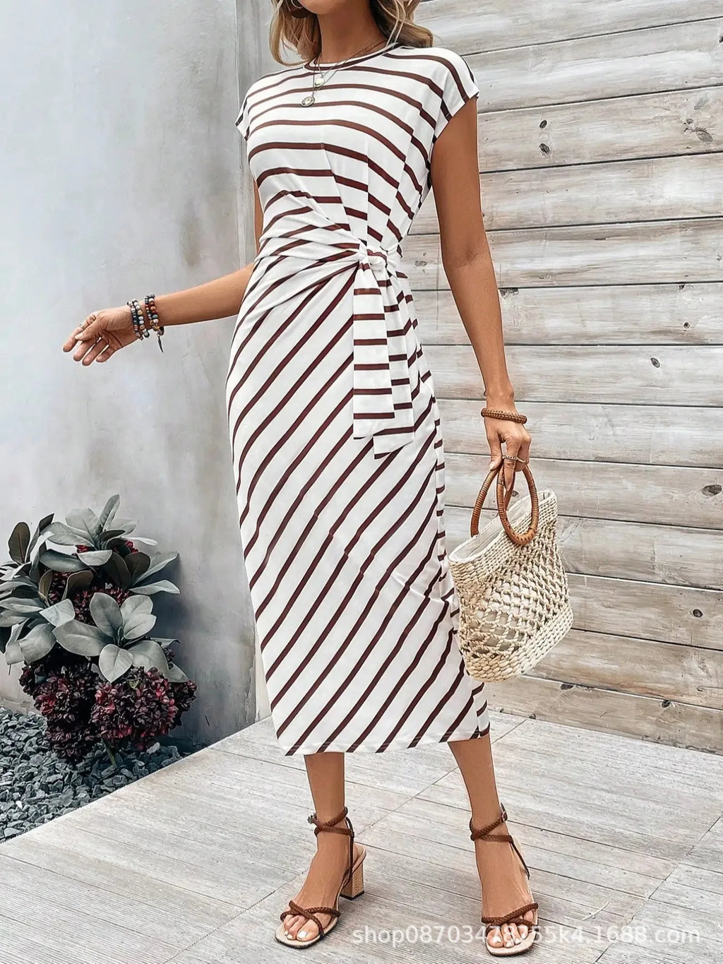 Elegant And Elegant Waist Lace Up Striped Round Neck Short Sleeve Long Dress Summer Party Bodycon Women's Dresses