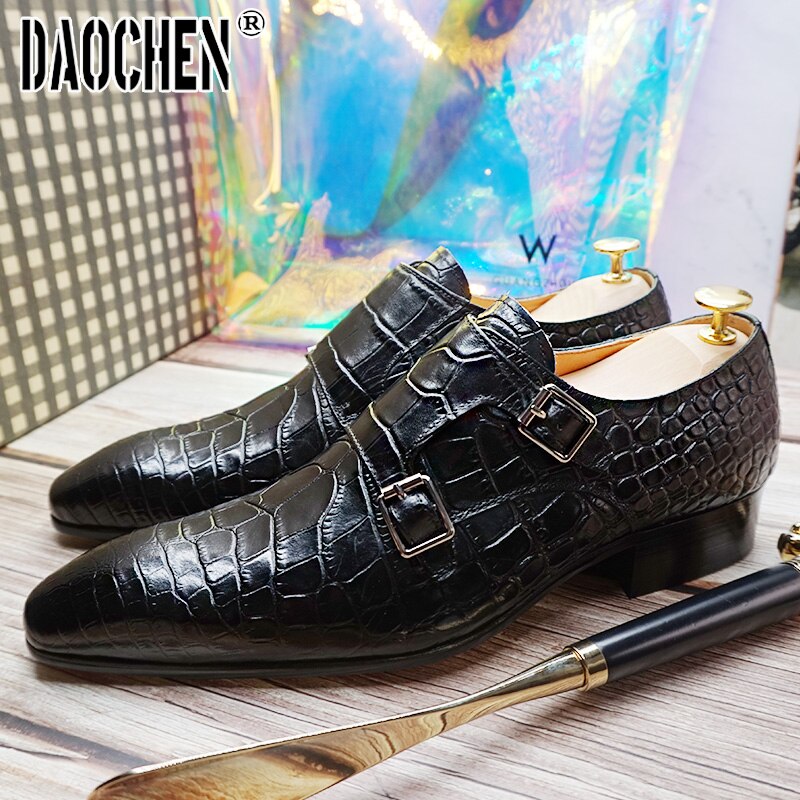 Luxury Men Loafers Shoes Slip On Double Monk Strap Black Brown Men Dress Leather Shoes Office Business Wedding Men Casual Shoes