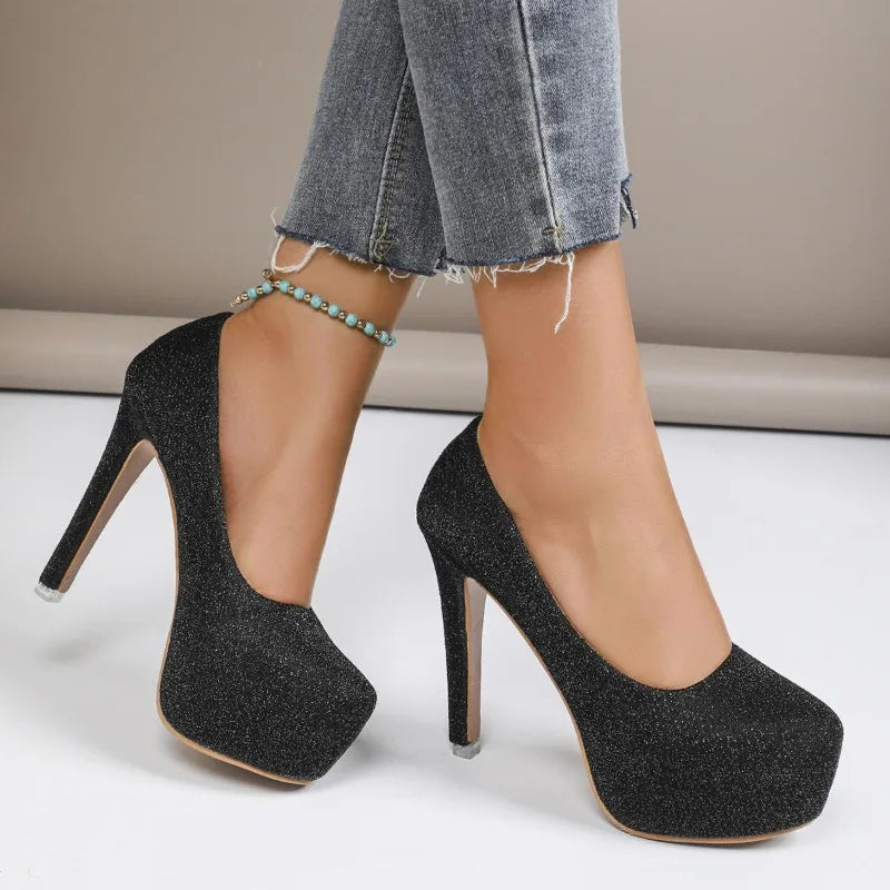 Fashion Women High Heels Modern Ladies Party Shoes Platform Super High Heels 12cm Black Silver Pink Bling Shoes D367