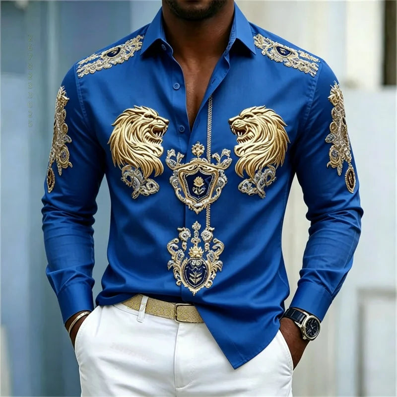 Men's shirt Baroque style shirt Lion head slim fit design long sleeved shirt Business casual street style men's clothing XS-6XL