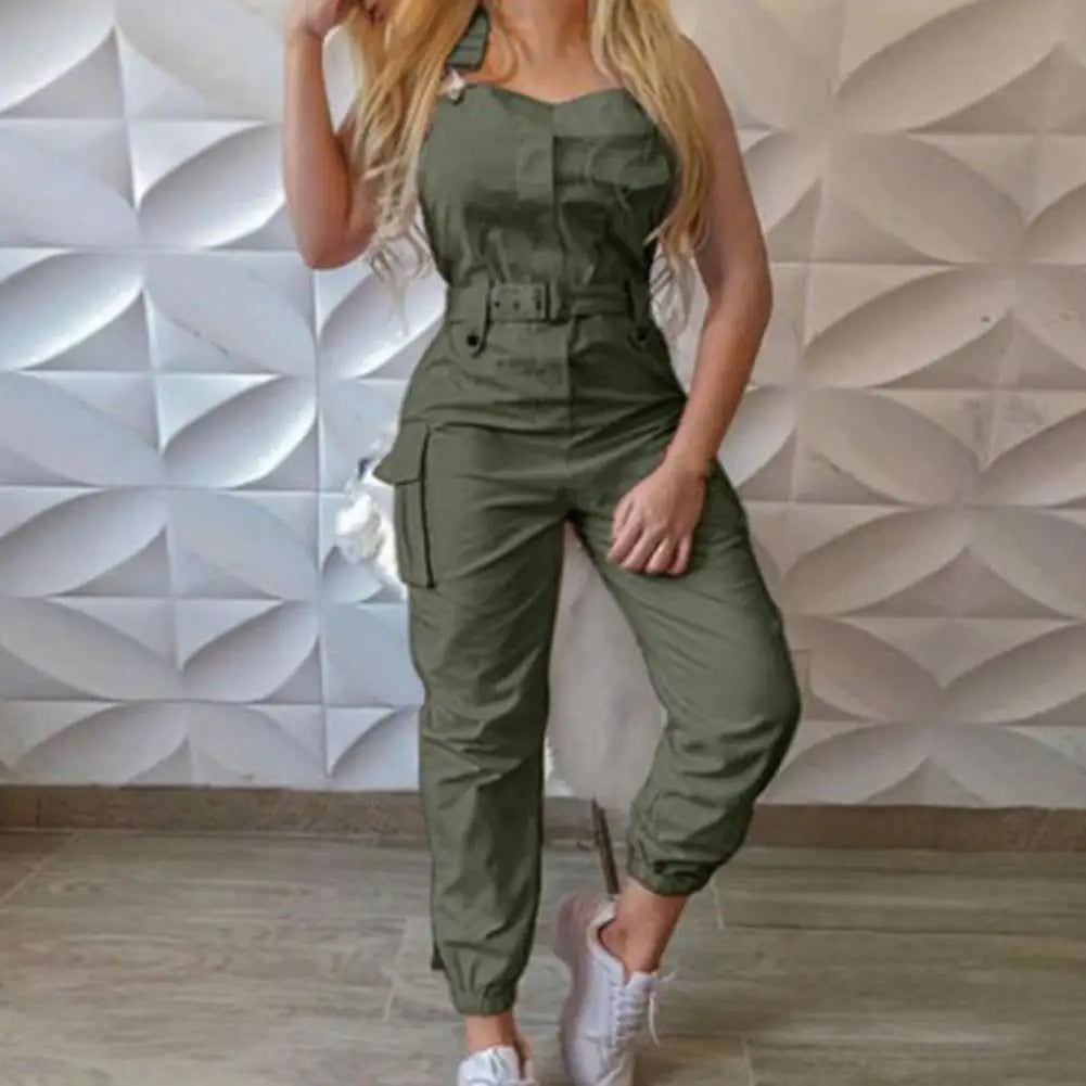 Women Bodycon Jumpsuit High Waist Halter Cargo Jumpsuit Summer Slim Trendy Casual Pocket Halter Overall Women Pants monos mujer