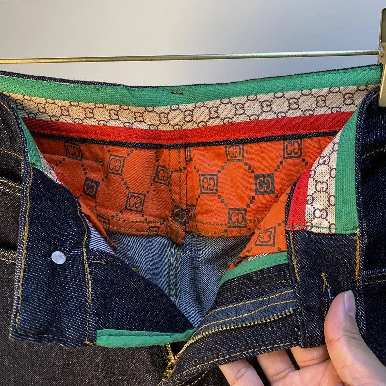 High end light luxury men jeans autumn new item dark blue fashion printed casual straight slim fit cotton washed denim pants