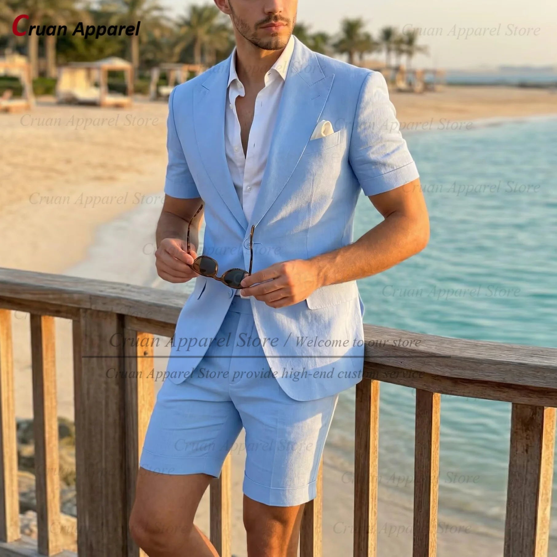 Beach Linen Men Suit Shorts Slim Fit Formal Best Man Groom Wedding Dress Tuxedo Casual Short Sleeve Blazer Pants 2 Pieces 2026