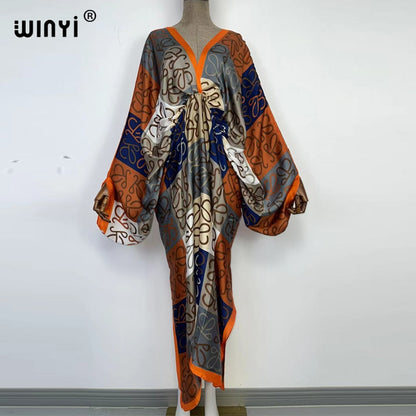 Sexy bech high-quality hand-rolled feel silk rayon fashion print  WINYI Maxi women's robes long beach V-neck Bohemian dress