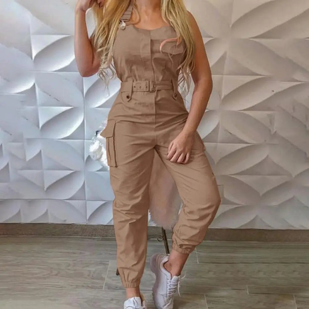 Women Bodycon Jumpsuit High Waist Halter Cargo Jumpsuit Summer Slim Trendy Casual Pocket Halter Overall Women Pants monos mujer