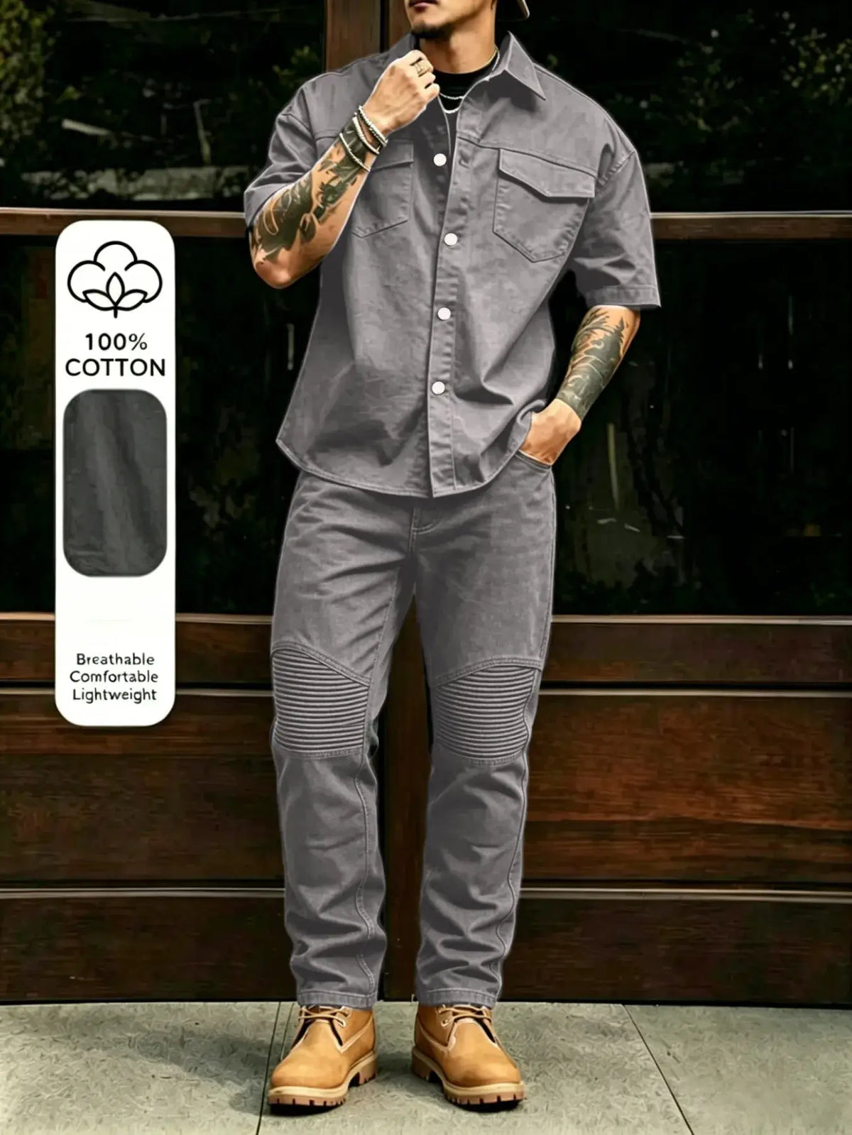Herren Freizeit-Arbeitskleidung 100% Baumwolle Multi-Taschen Kurzarmhemd Hosen Set Herren Cargo Overalls Streetwear Kurzarm Knopf
