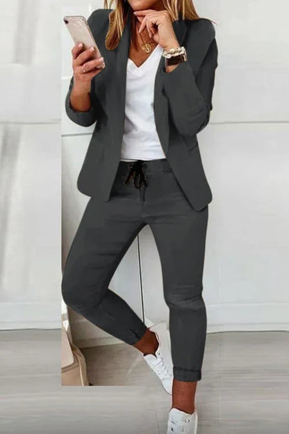 Women's Monochrome Casual Business Suit Temperament Commuting Pants Drawstring Elastic Waist Fashion Slit Suit Two-piece Set