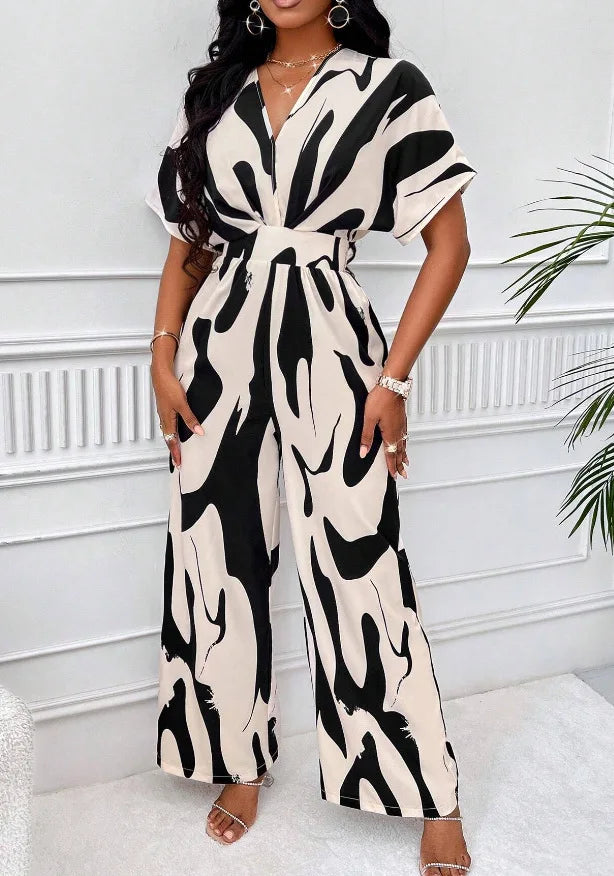 Women Wide Leg Jumpsuit Spring Summer Fashion V Neck Short Sleeve High Waist Full Body Printed Jumpsuits Casual One Pieces