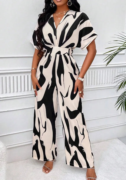 Women Wide Leg Jumpsuit Spring Summer Fashion V Neck Short Sleeve High Waist Full Body Printed Jumpsuits Casual One Pieces