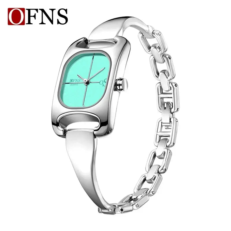 OFNS 5518 New women's watch high-end alloy niche ladies' square watch 3D studded waterproof quartz watch in silver blue.