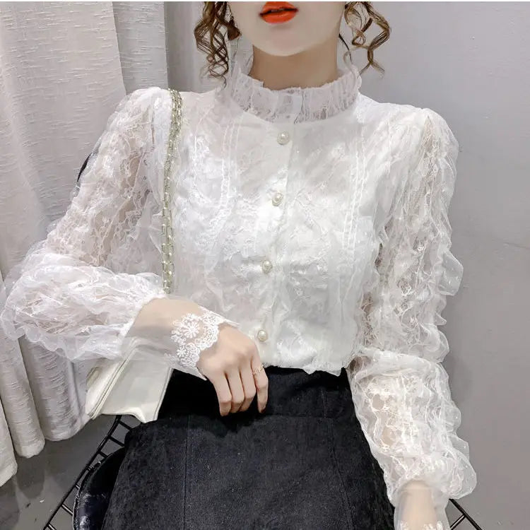 Lace Bottoming Shirt for Women's Spring Autumn New All-match Lace Cardigan French Stand-up Collar Long-sleeved Blouse Top