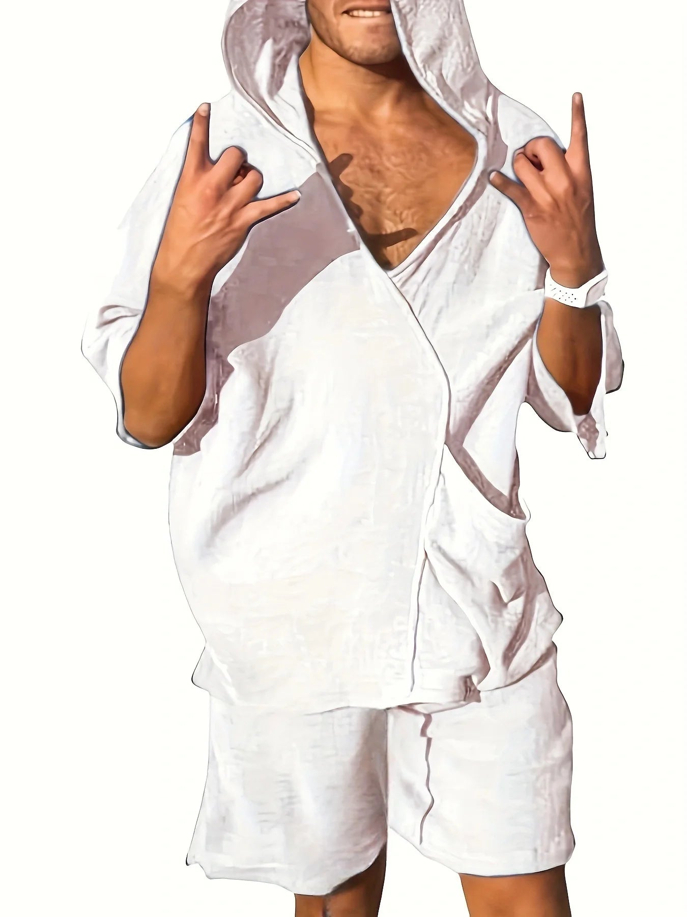 2025 new men's V-neck fashion short-sleeved shorts two-piece summer thin men's hooded beach leisure outdoor suit