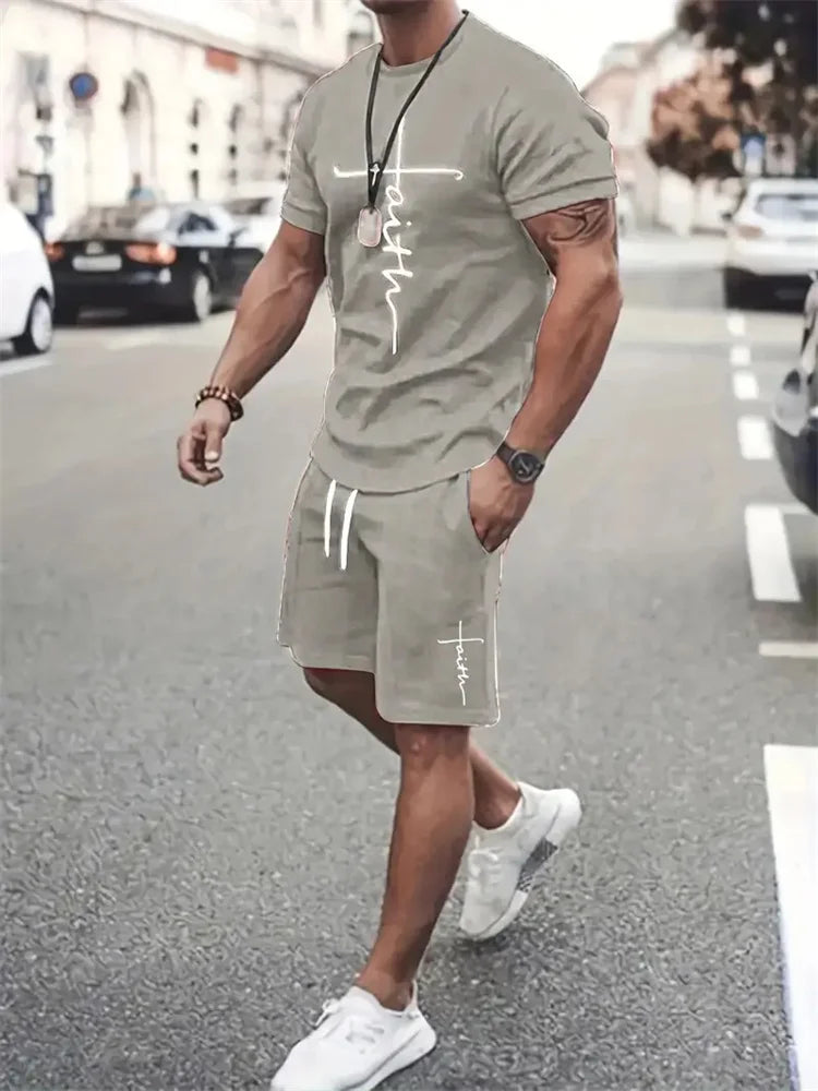Mens T Shirt Shorts Set Fashion Mens Cross Printed Short Sleeve Two Pieces Oversized Outdoor Beach Sports Men's Plus Size Suit