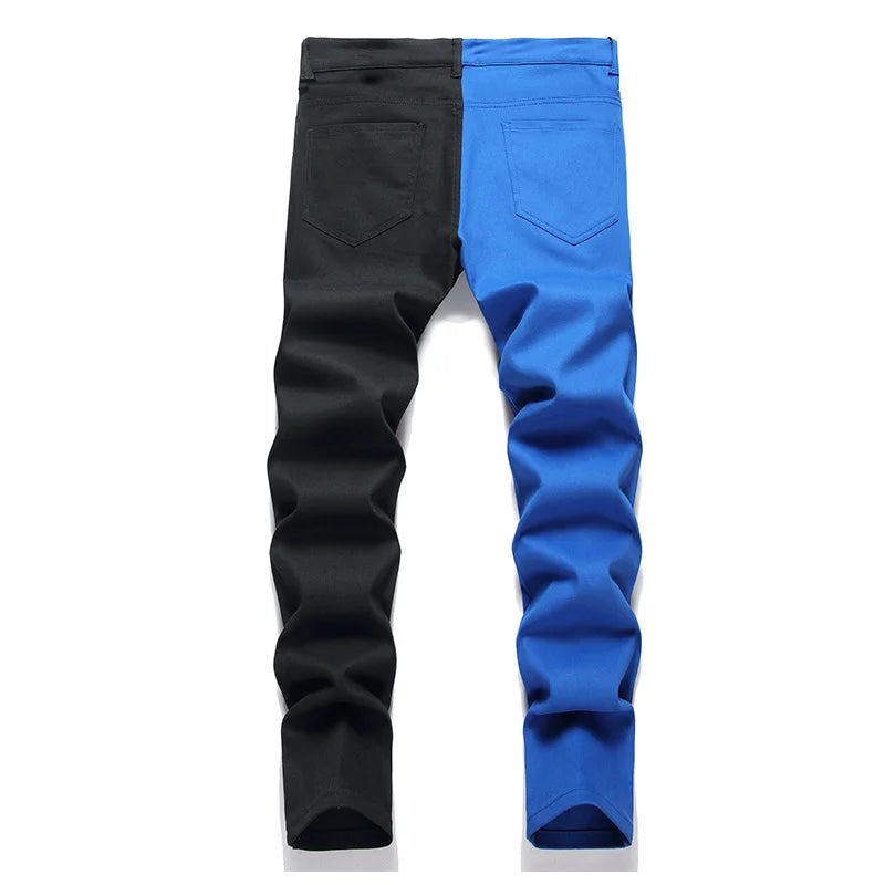 Mcikkny Men Fashion Casual Jeans Pants Color Block Patchwork Denim Trousers Slim Fit