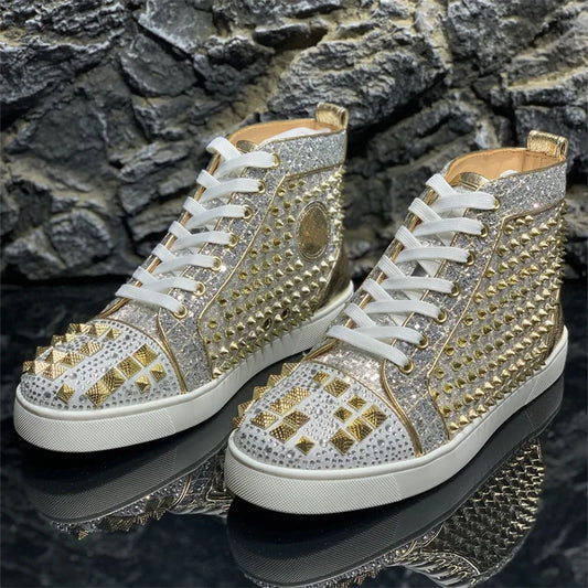 Fashion Luxury High Top Red Bottoms Golden Rivets Shoes For Men's Casual Flats Loafers Women's Diamonds Crystal Spikes Sneakers