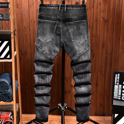 new high end jeans for MEN'S black elastic fashion brand loose straight motorcycle spliced water washed youth bicycle pants