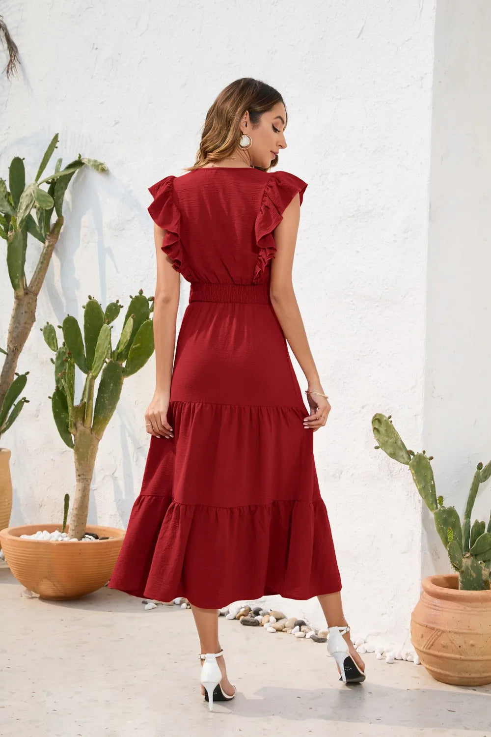 Summer Woman Dress V Neck Sleeveless Red Dresses High Waist A Line Green Maxi Dress Tiered Skirt Boho Black Casual Dress