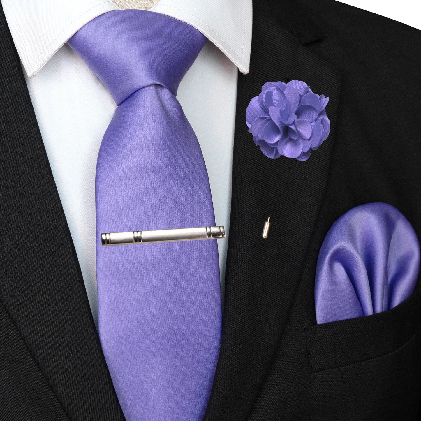 Mens Colors Solid Tie and Lapel Pin Necktie Pocket Square and Tie Clip Sets for Business Casual 4PCS