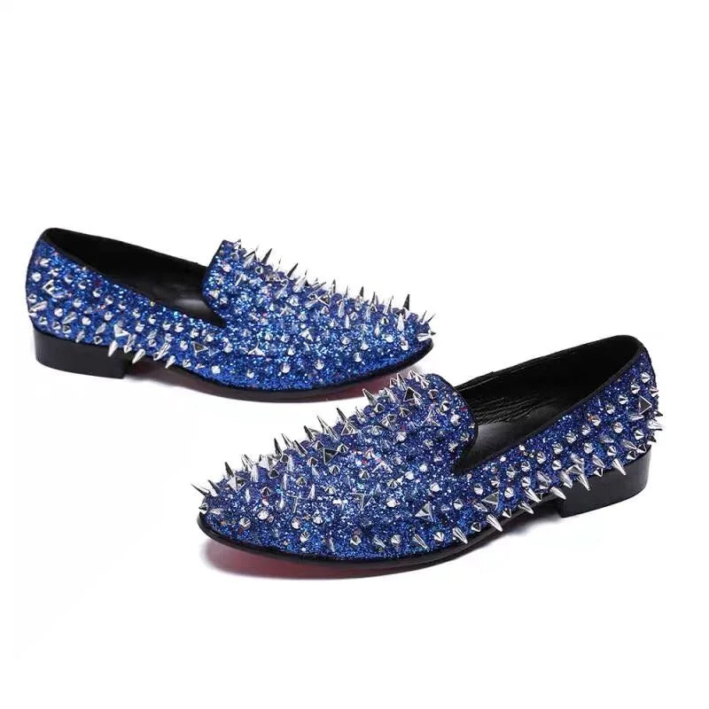Fashion Blaue Bling Spikes Loafers Schuhe für Herren Luxus Handgemachte Slip-On Herren Anzugschuhe Hochzeitsschuhe